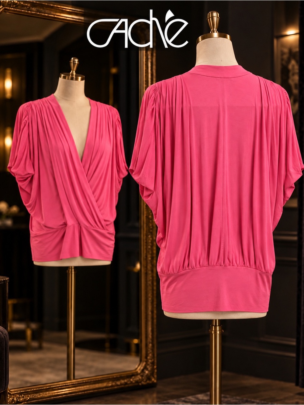 Caché Hot Pink Draped Surplice V-Neck Dolman Sleeve Top Small